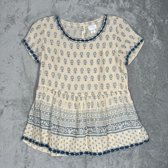 Sigrid Olsen Shirt Womens Small Blue Cream Baroque‎ Print Babydoll Boho Peasant - Picture 2 of 9